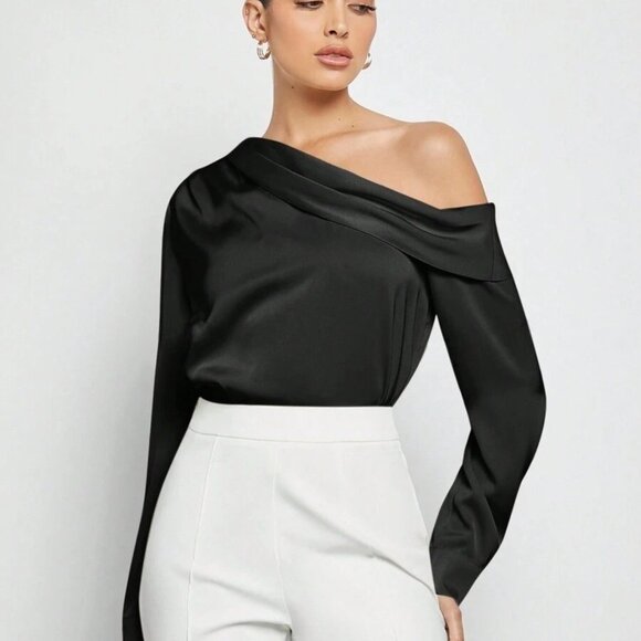 New Women's Asymmetric Design Ruched Shoulder Draped Loose Long Sleeve Satin - Picture 3 of 5